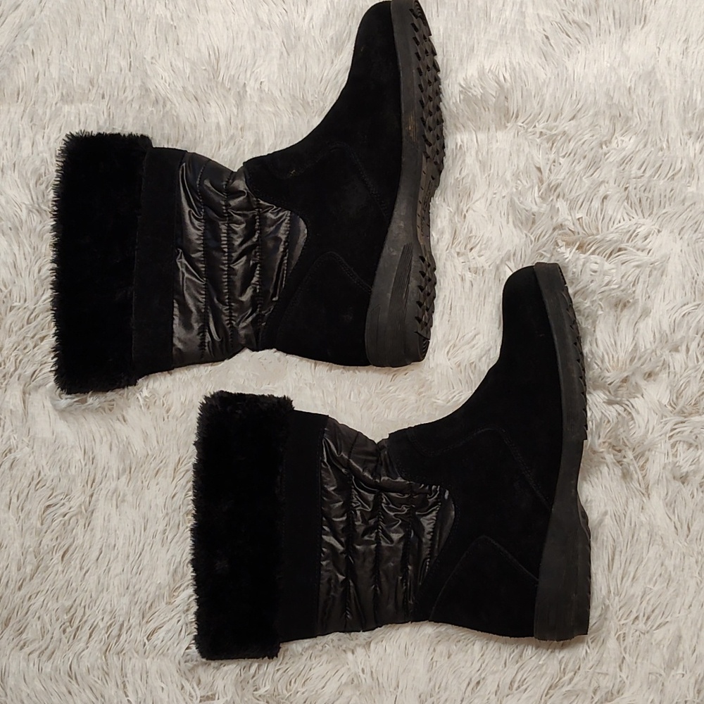 Lands' End Womens Suede Pull-On Quilted Winter Snow Boots Black Faux Fur Trim 10